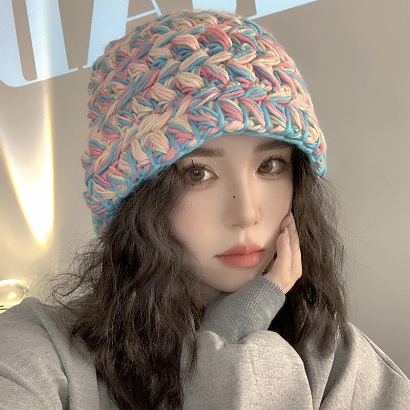 秋冬厚实小众配色毛线帽女彩虹绚丽保暖手工针织帽复古混色盆帽潮