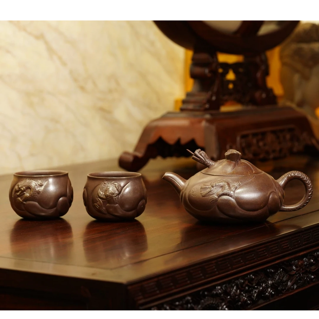 李霞紫砂壶 原矿段泥古法柴烧 鱼化龙套组壶 350cc 蒋峰监制