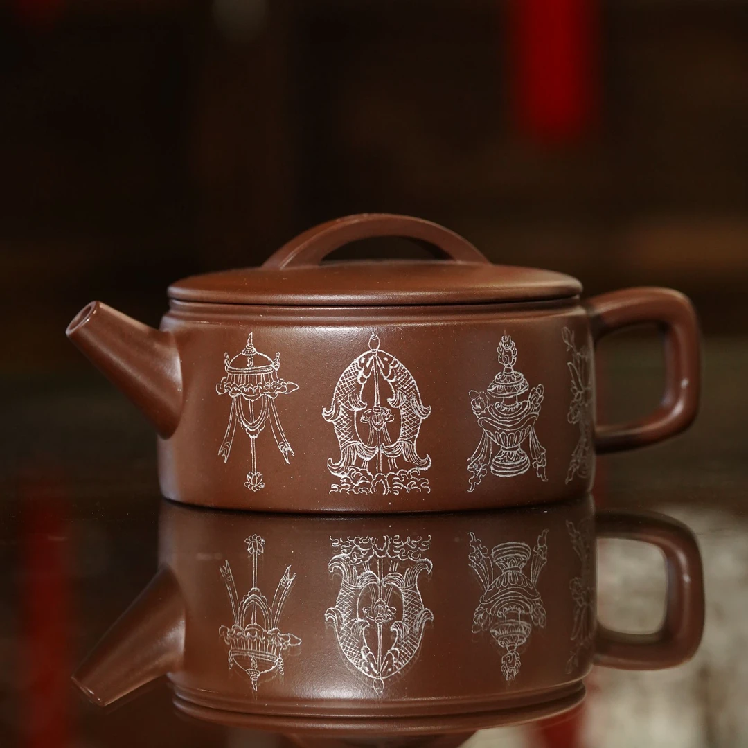 李霞紫砂壶 原矿革紫泥 纯手工制作汉瓦壶 200cc 曼笙刻八宝佛