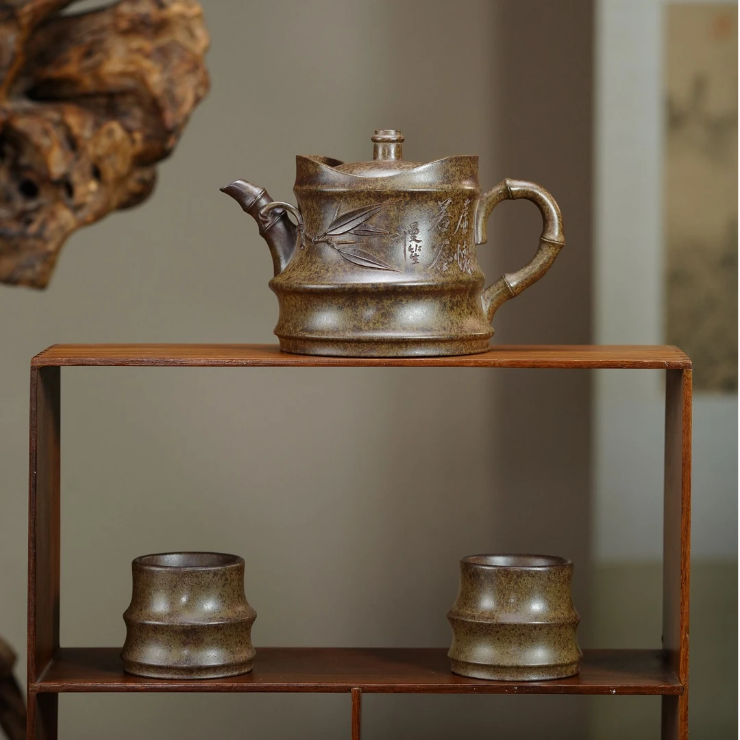 李霞紫砂壶 毛国强二代传人 婉竹套组壶 原矿段泥柴烧300cc曼笙刻