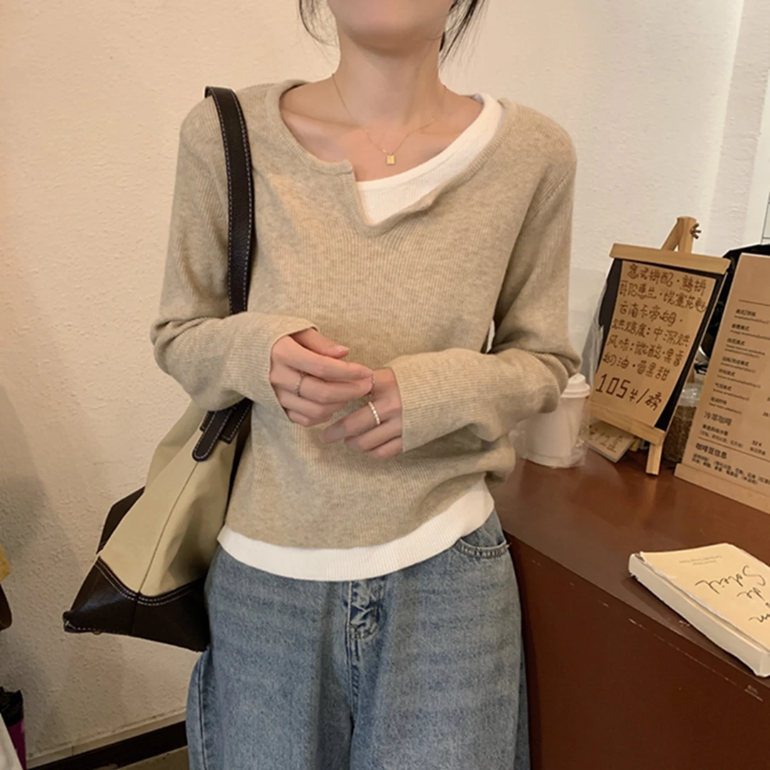 假两件设计感针织打底衫2023秋冬新款韩版小个子风衣内搭显瘦毛衣