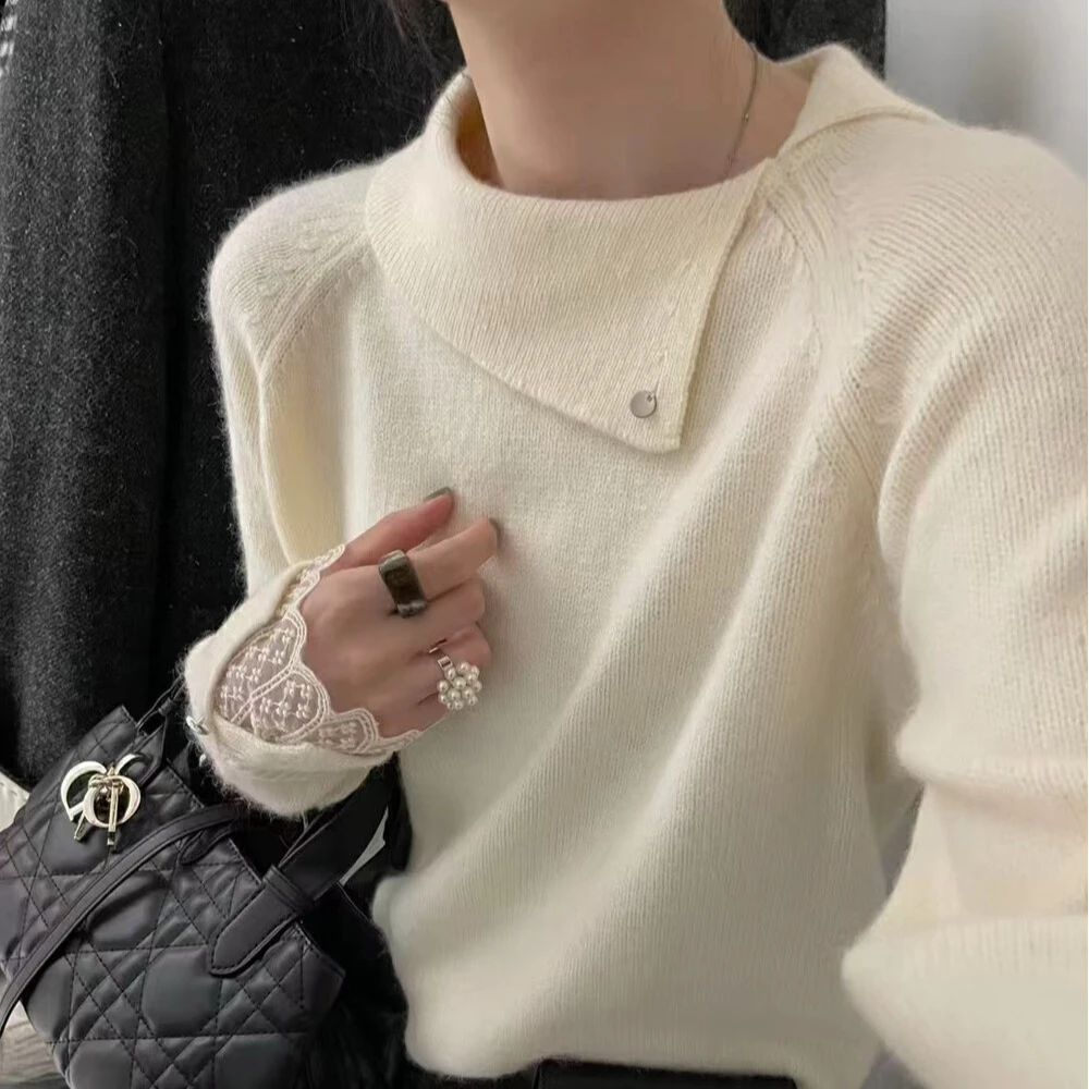 刀领袖口拼接蕾丝保暖毛衣女冬季新款韩系设计感内搭针织衫上衣