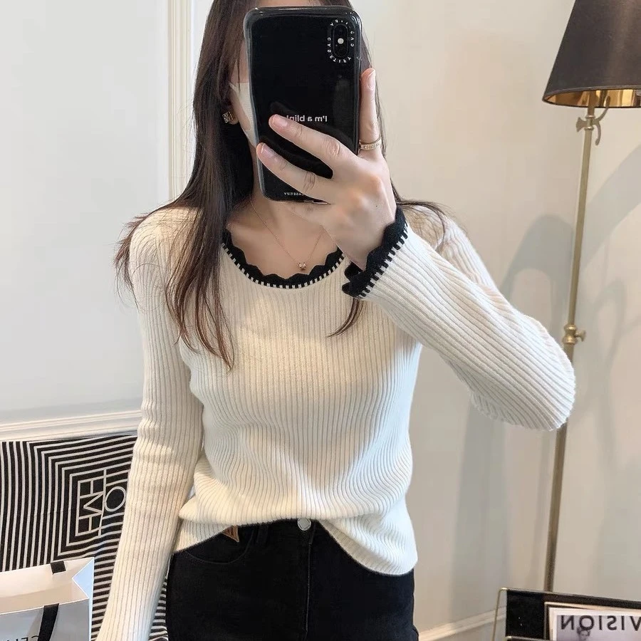 撞色花边圆领针织打底衫女秋冬新款宽松显瘦百搭洋气内搭毛衣上衣