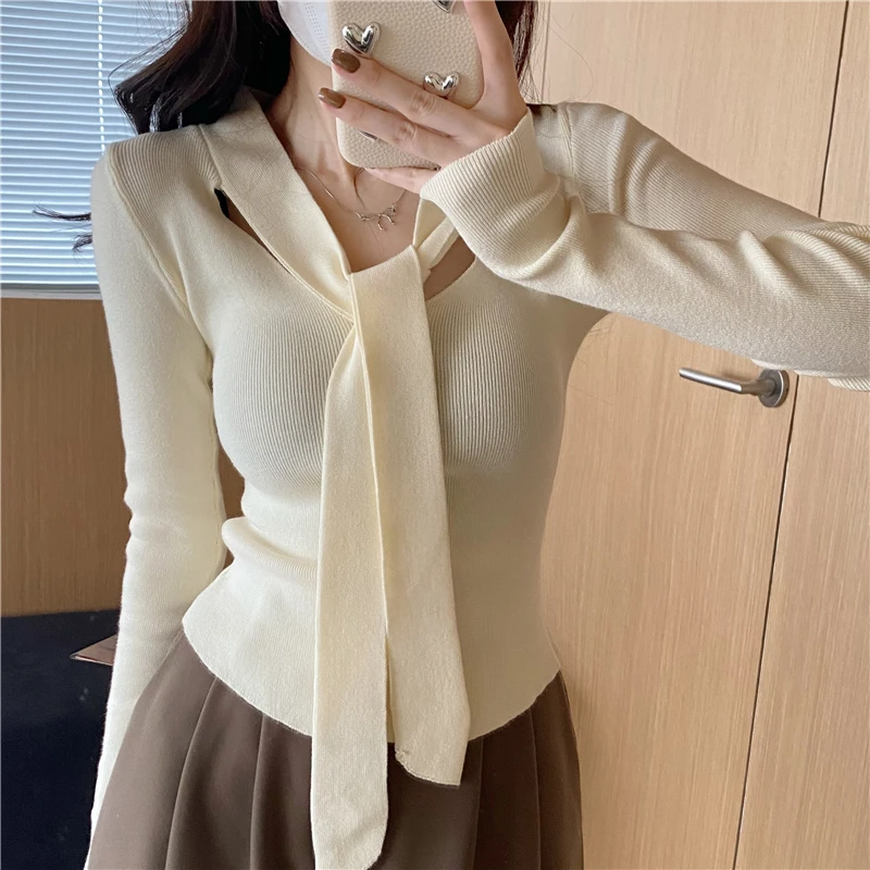 韩系氛围感V领长袖针织衫女2024秋冬内搭修身显瘦温柔高级感上衣