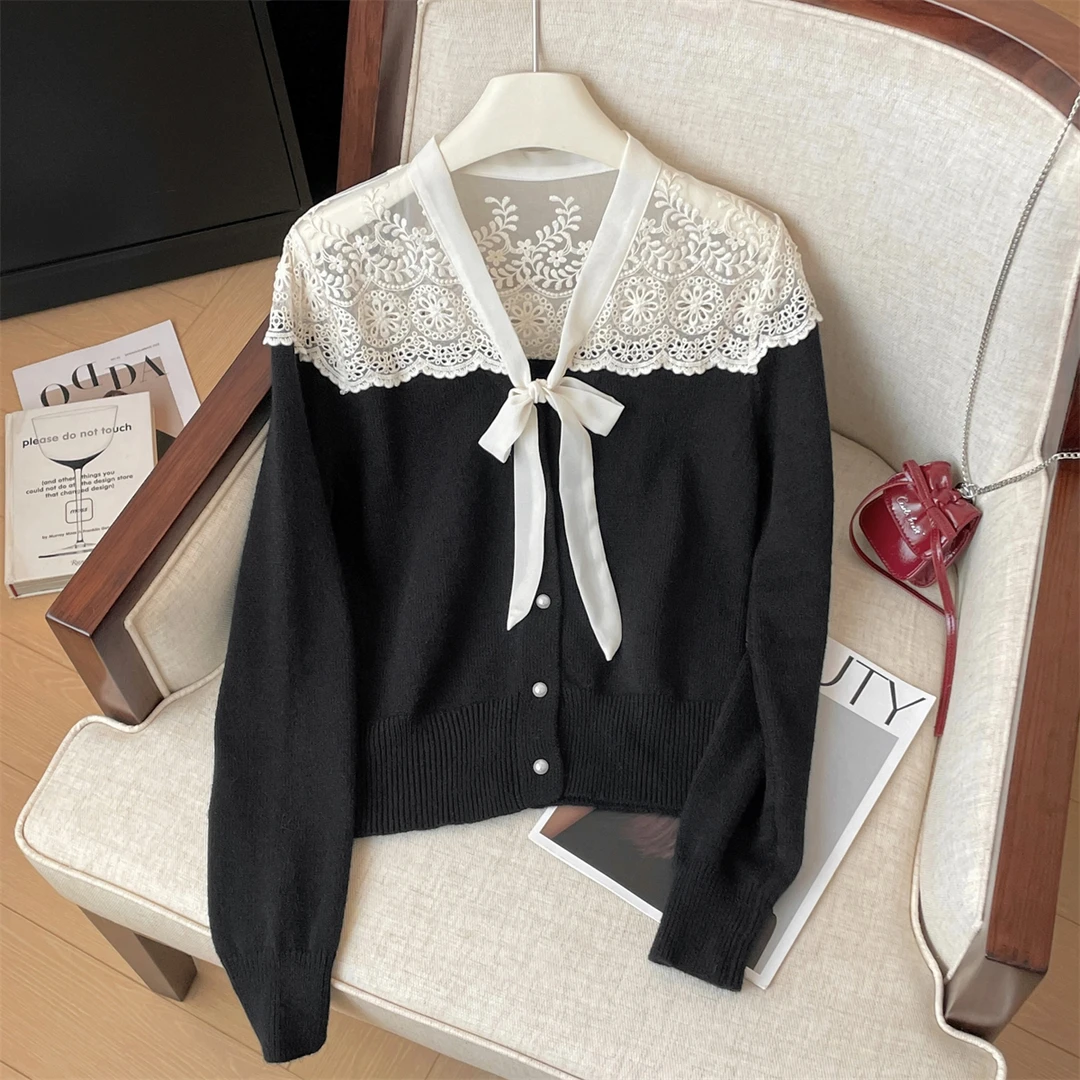 蕾丝花边V领针织开衫女秋冬新款设计感气质镂空蝴蝶结毛衣上衣