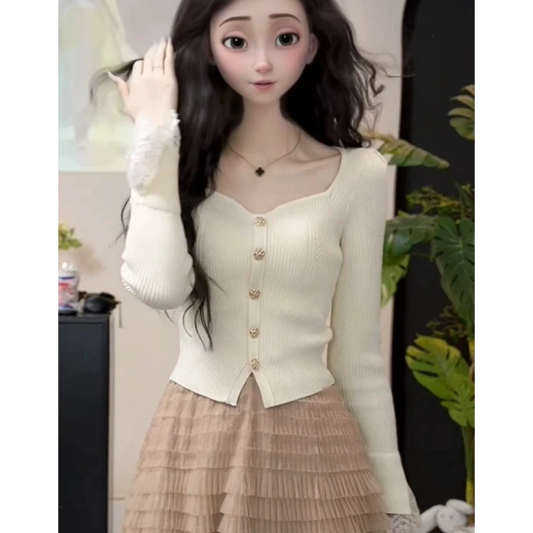 温柔风方领设计感蕾丝喇叭袖针织衫女秋季新款修身显瘦打底衫上衣