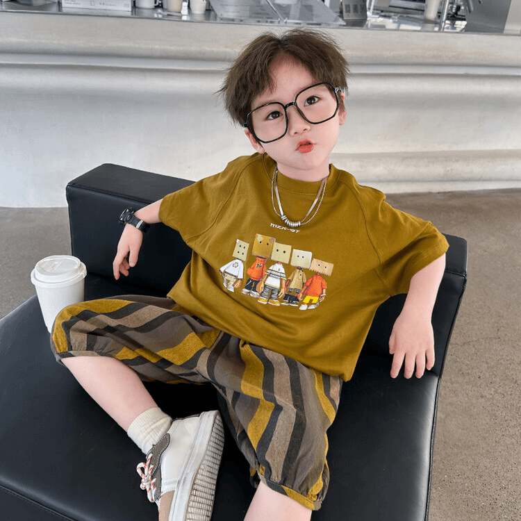 男童夏季短袖套装2023新款中小童洋气宽松纯色两件套男中小童2024