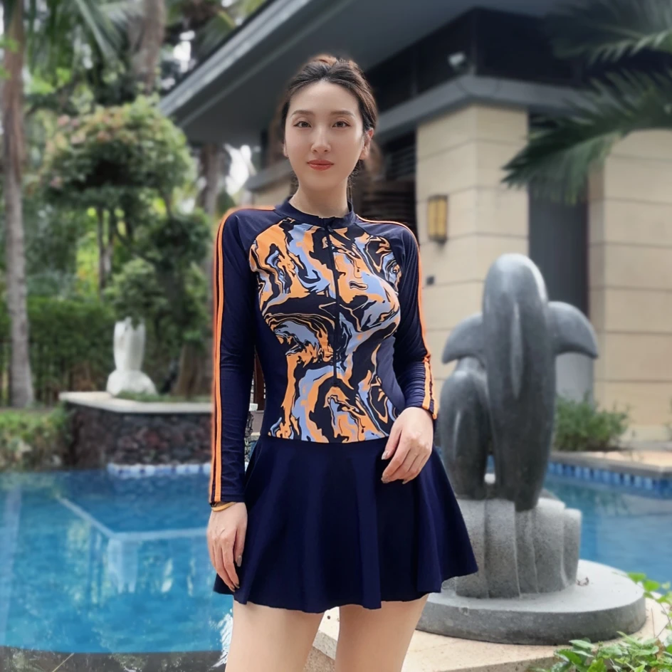 YX【炫彩花色】运动连体遮肚保守裙式平角大码泳衣女温泉冲浪度假