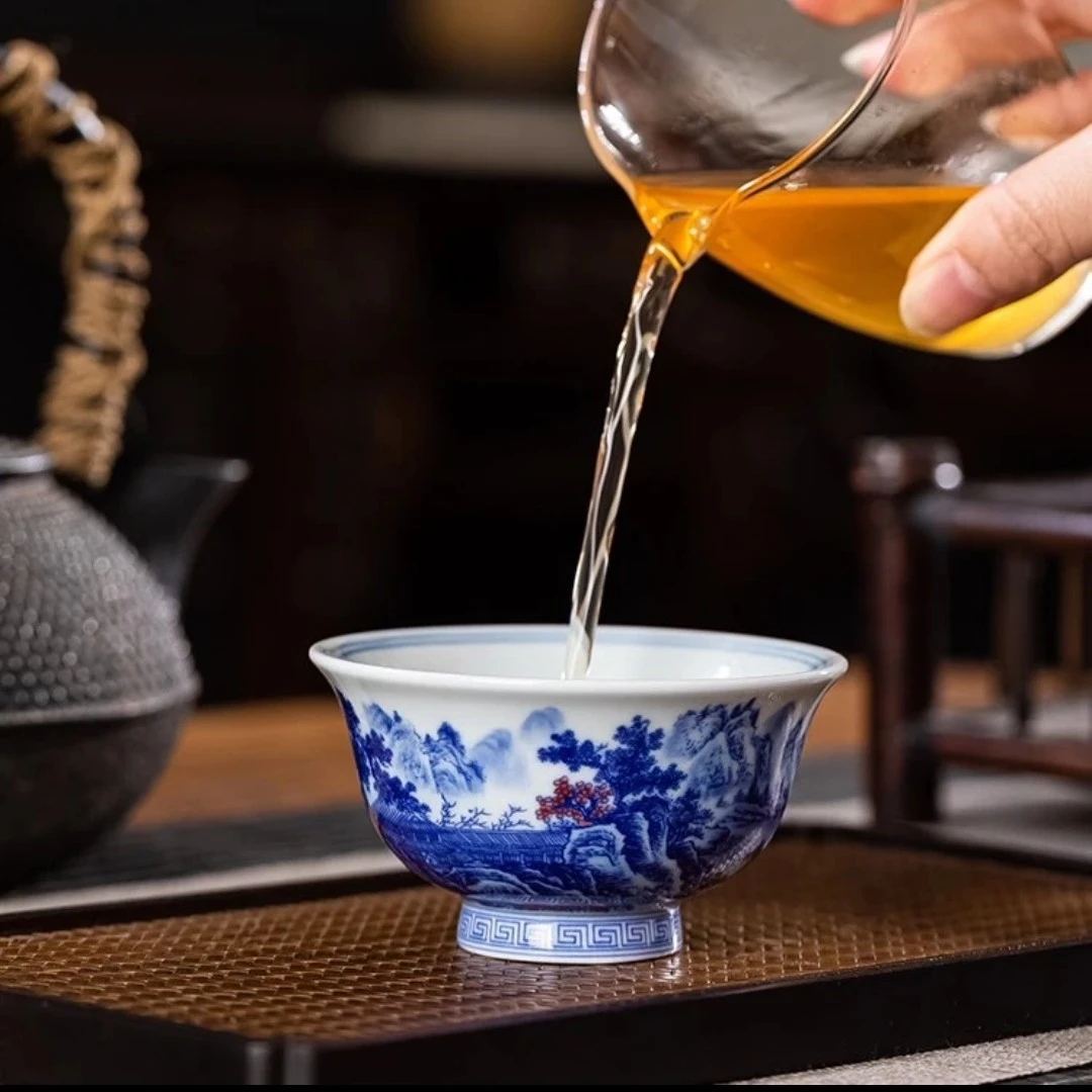 青花釉里红清流胜境压手杯复古陶瓷主人杯手绘名龙纹缠枝龙纹缠枝