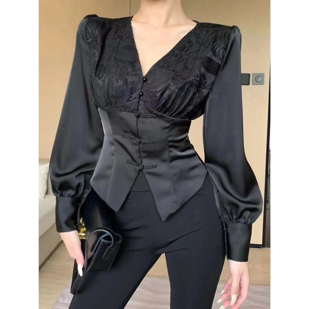 2023早秋新中式V领长袖国风绸面轻奢设计感百搭时尚衬衫复古小众