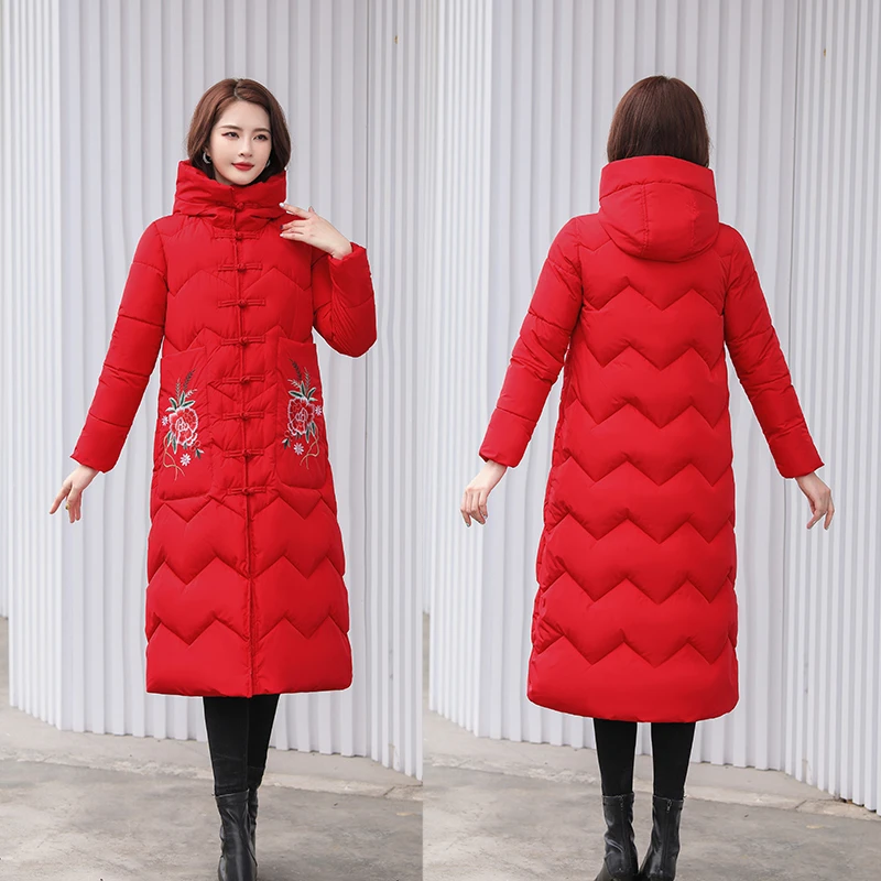 棉服外套民族风中长款加厚中国风保暖连帽过膝冬季