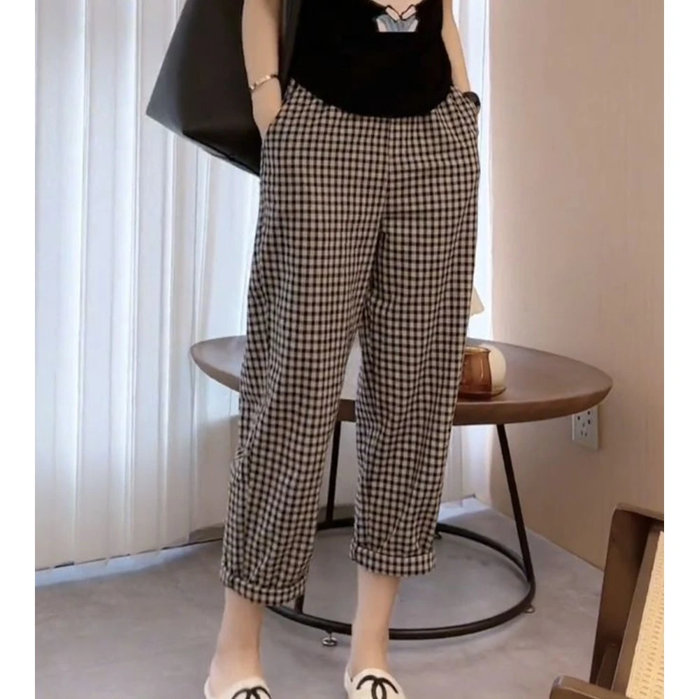 2023夏季新款大码显瘦哈伦休闲裤女梨形身材薄款宽松九分格子裤子