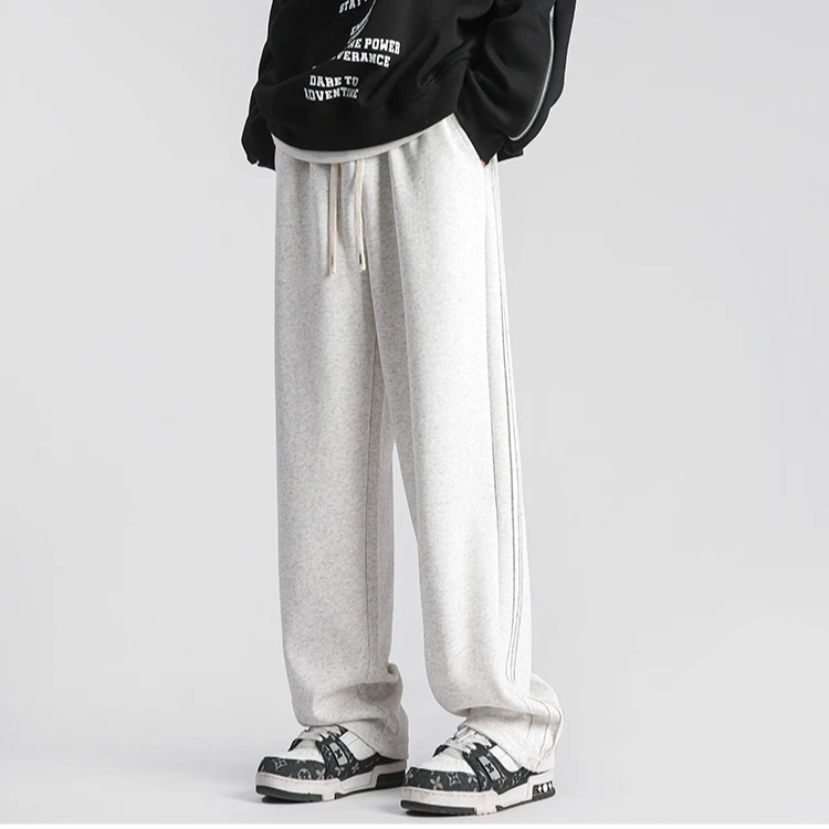 褶皱侧条纹拼接卫裤男爆款加绒潮牌宽松大码直筒阔腿休闲长裤子