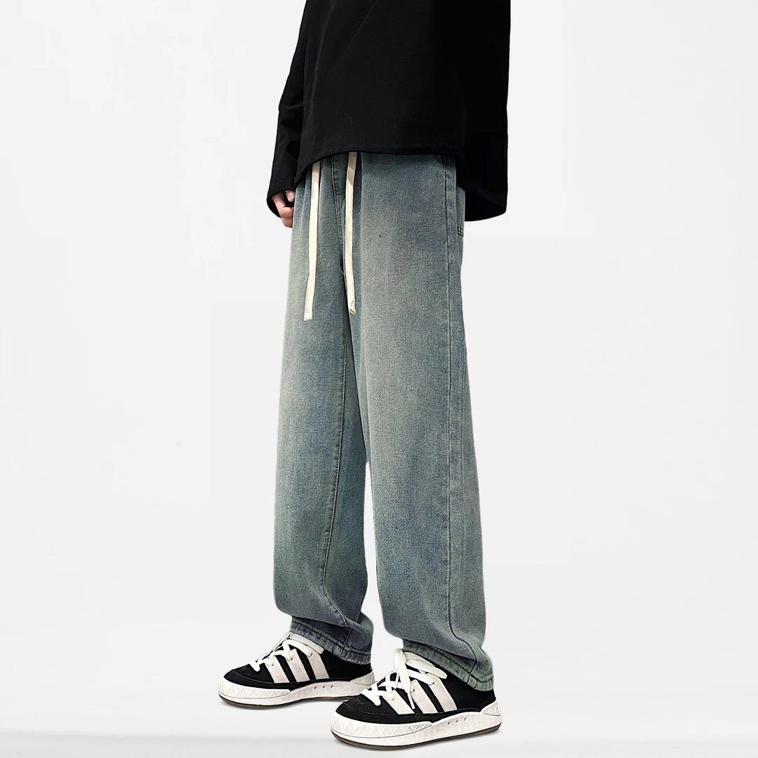 美式复古高街百搭宽松牛仔裤男松紧腰直筒水洗休闲潮流牛仔裤