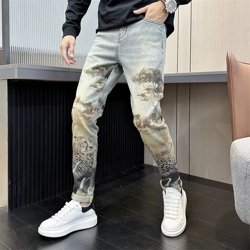 豹子印花水洗牛仔裤男秋冬新款男士修身帅气百搭潮流弹力小脚裤男