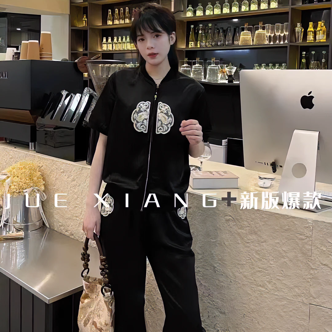 网红洋气炸街女装时尚轻奢高端女装套装唐装短袖t恤女