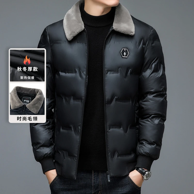 2024冬季新款男士棉服轻商务时尚印花加厚保暖中年翻领外套男款