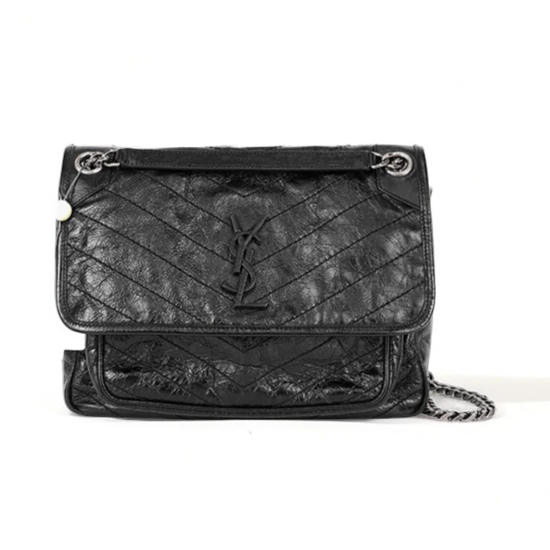 99新 YSL/圣罗兰 Niki黑银牛皮迷你/中号单肩包