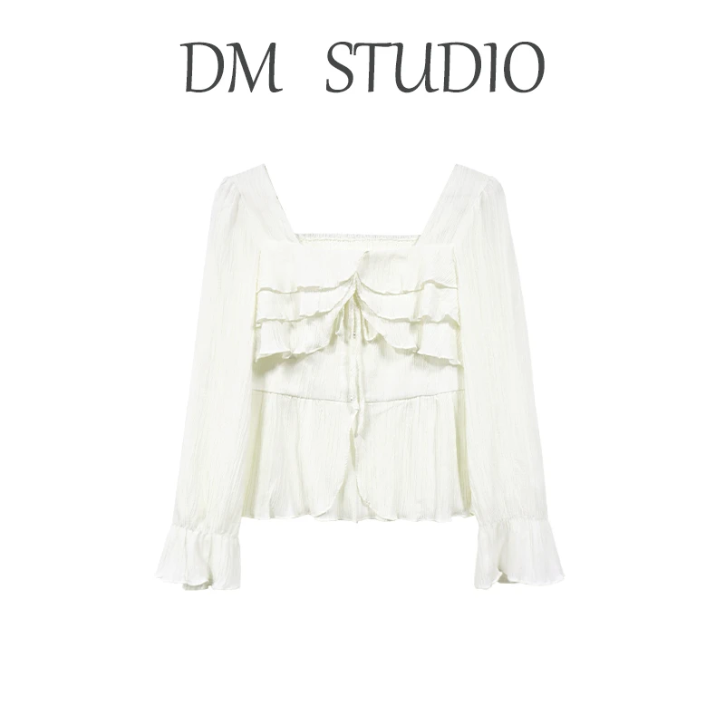 DM17775【月光爱人】法式方领百搭修身精致气质显瘦温柔上衣