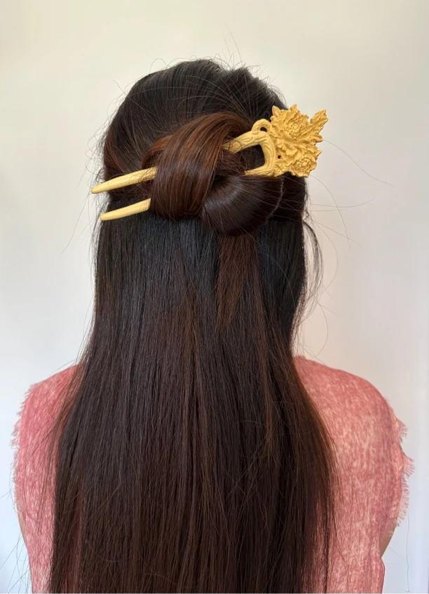 黄杨木牡丹双钗U型簪双面立体雕刻新中式挽发簪旗袍马面裙发饰