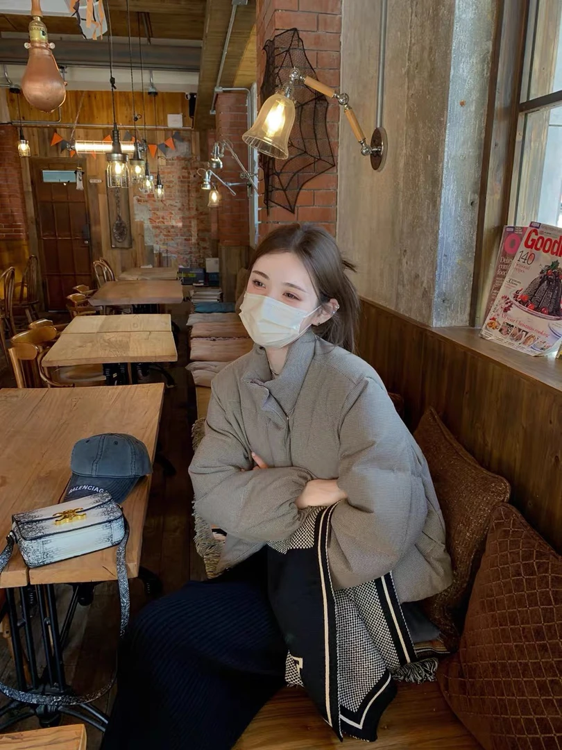 【吴废柴专属】失眠费城超细千鸟格短款羽绒服女冬季休闲保暖厚外套