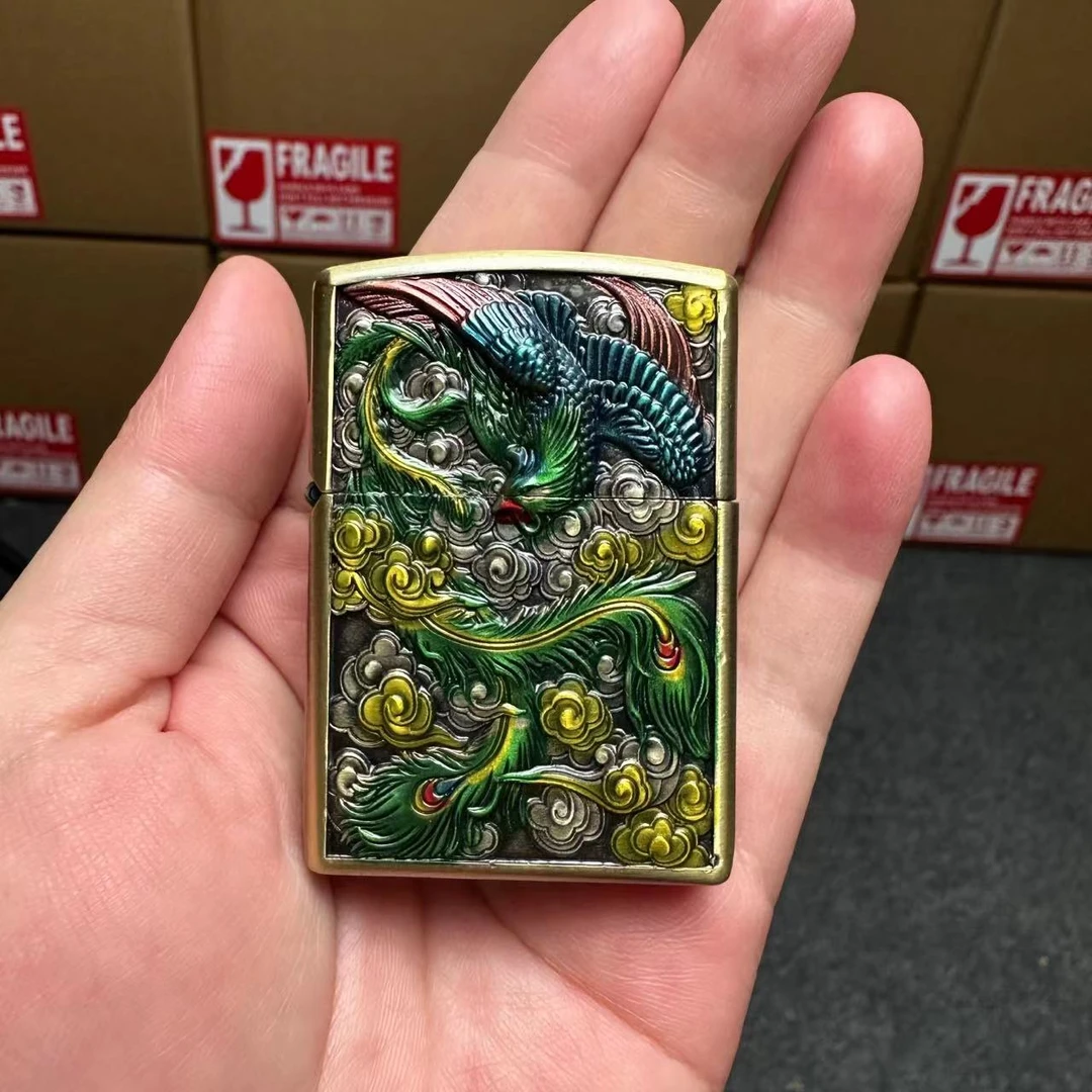 浮雕青铜色彩绘龙凤煤油打火机三件套（需自行加油）