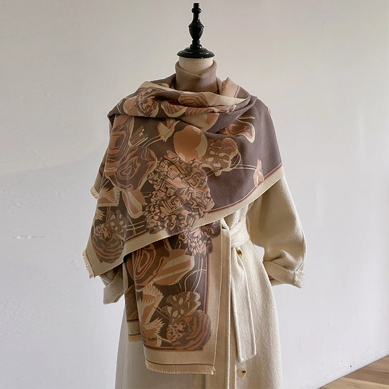 2024新款秋冬保暖两用简约百搭披肩小蝴蝶印花仿羊绒围巾加厚围脖