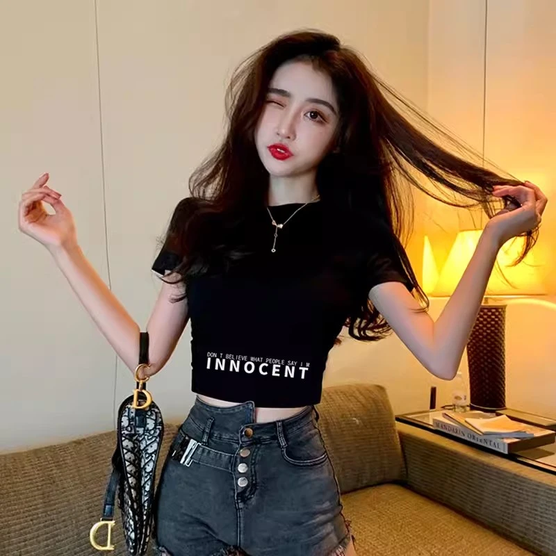 黑色半高领短袖T恤女修身2025年夏季新款辣妹印花短款露脐上衣潮