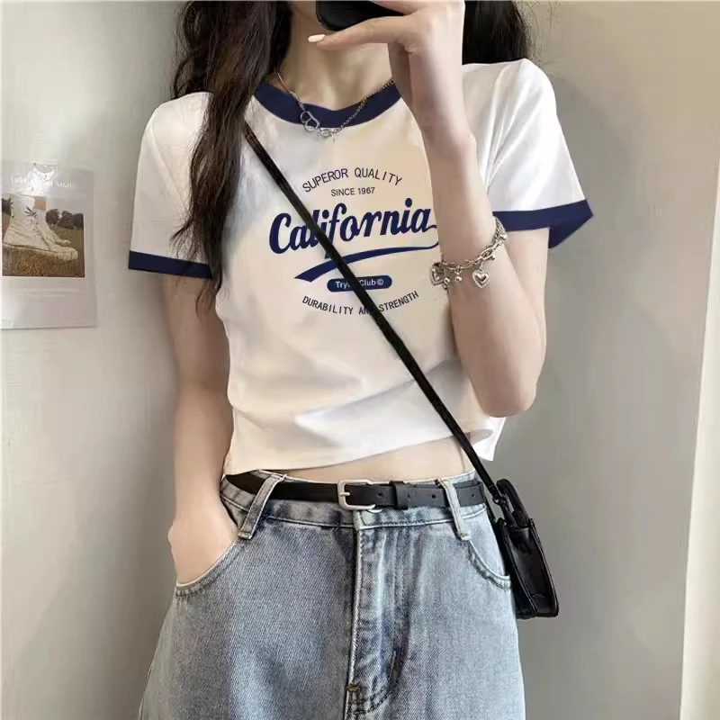 撞色正肩短袖女t恤短款夏季新款复古纯棉甜辣高腰圆领拼接上衣潮