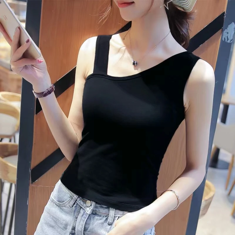 时尚吊带背心女内搭黑色夏季纯色斜肩不对称显瘦修身无袖性感短款