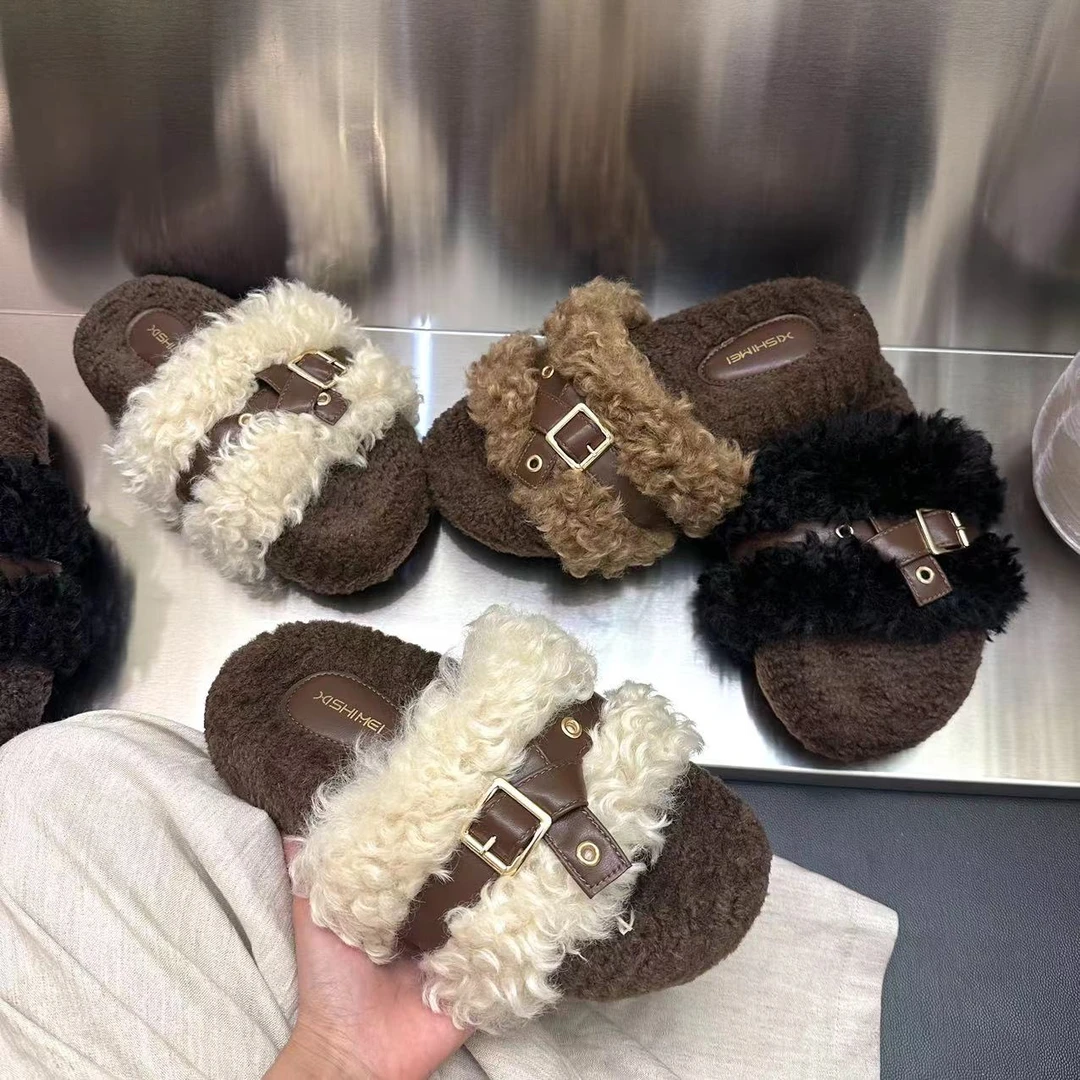网红百搭小众设计感复古平底毛毛拖女2024秋季新款皮带扣棉拖鞋