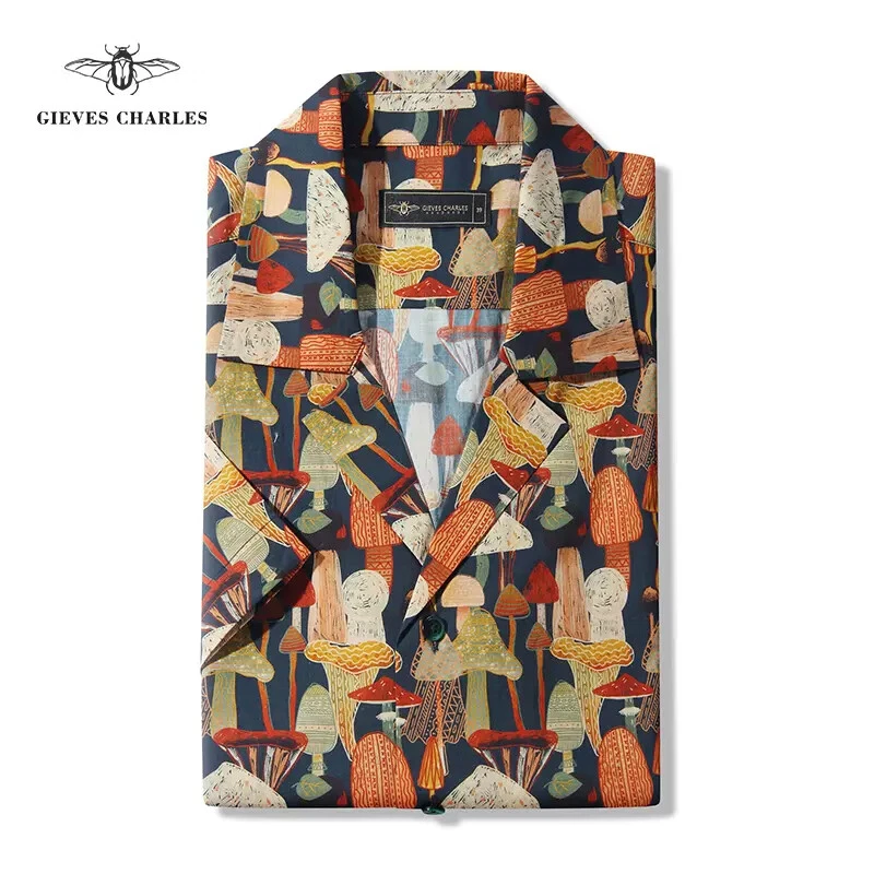 GIEVES CHARLES男士古巴领夏威夷印花衬衫高端时尚休闲衬衫男痞帅