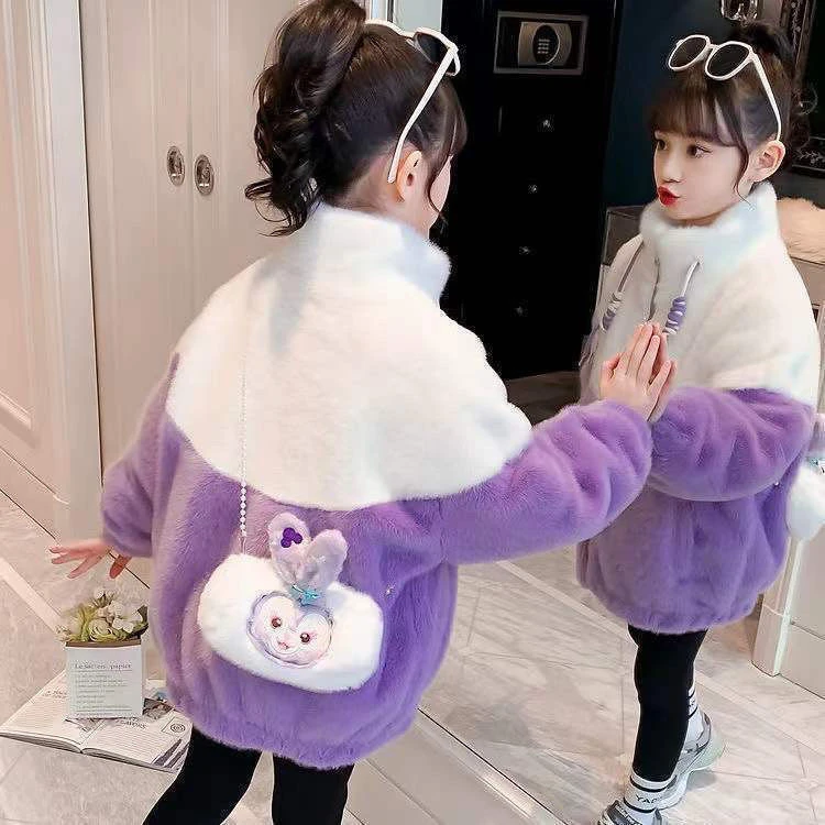 女童新款秋冬季加绒外套小女孩卡通休闲仿皮草大衣儿童棉衣冬保暖