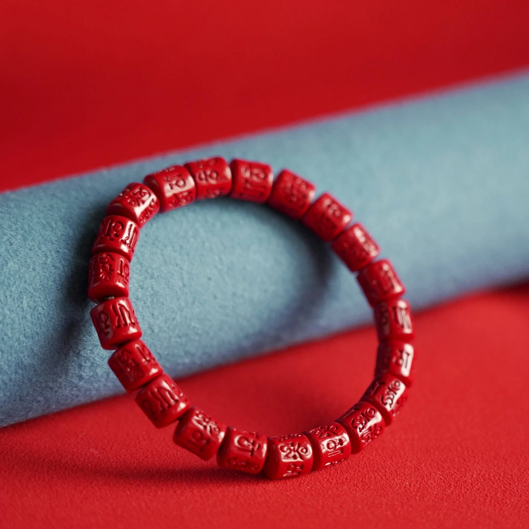 天然辰砂原韵朱砂高端时尚六字真言桶珠手串