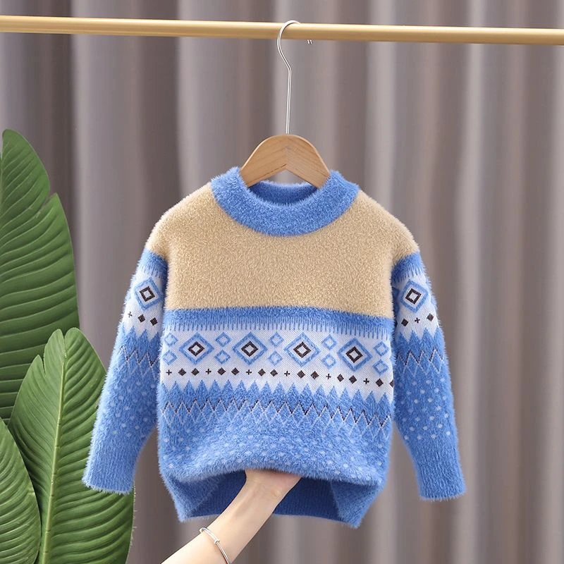 男童仿水貂绒毛衣2023秋冬新款中童套头线衣儿童针织衫男孩毛衣潮