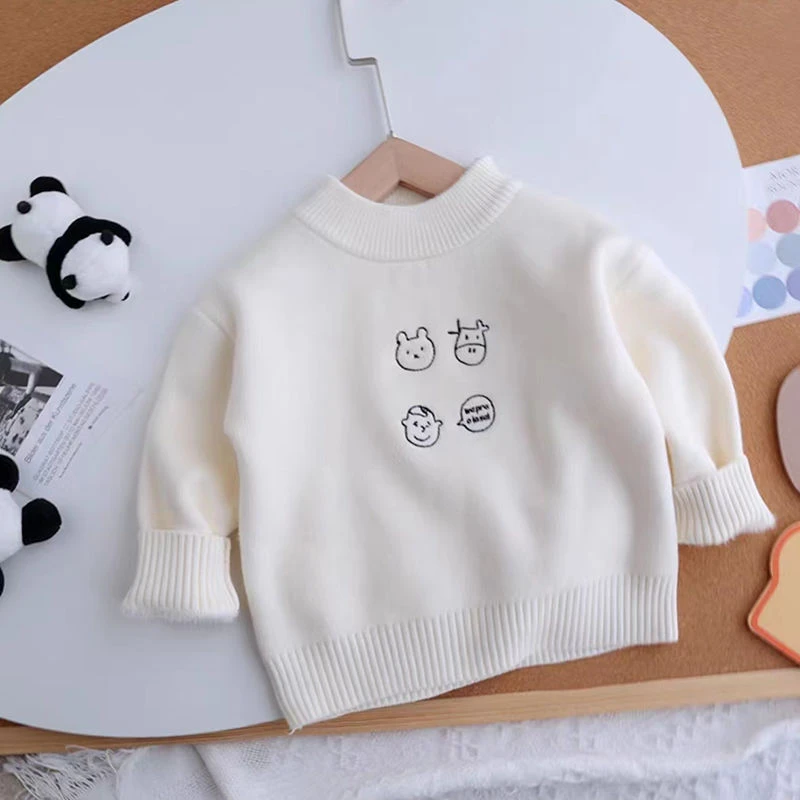 宝宝一体绒毛衣2025秋冬加厚圆领套头洋气刺绣毛衣男儿童针织衫