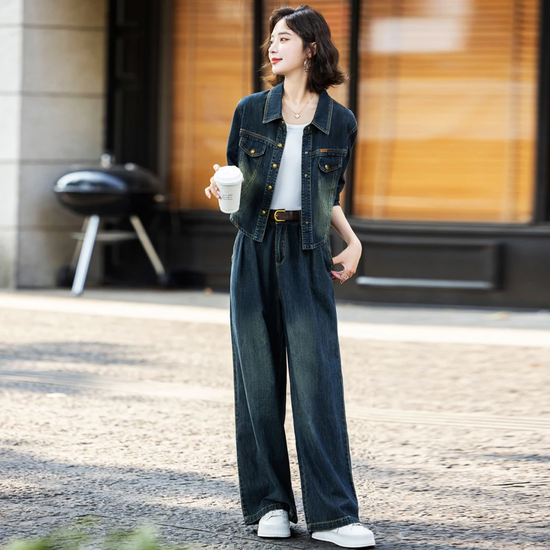 休闲时尚牛仔套装女2025秋装新款时髦洋气减龄短外套阔腿裤两件套