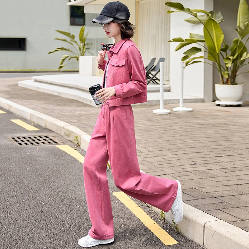 牛仔穿搭套装女春秋新款洋气宽松显瘦休闲工装短外套阔腿裤两件套