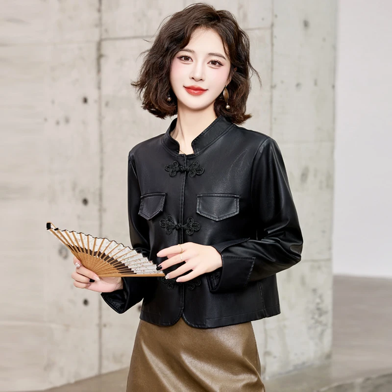 新中式国风皮衣外套女春秋小个子高级设计感短款复古盘扣西装上衣