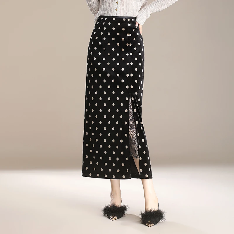 开叉金丝绒波点半身裙气质性感包臀裙秋冬女显瘦直筒蕾丝一步长裙