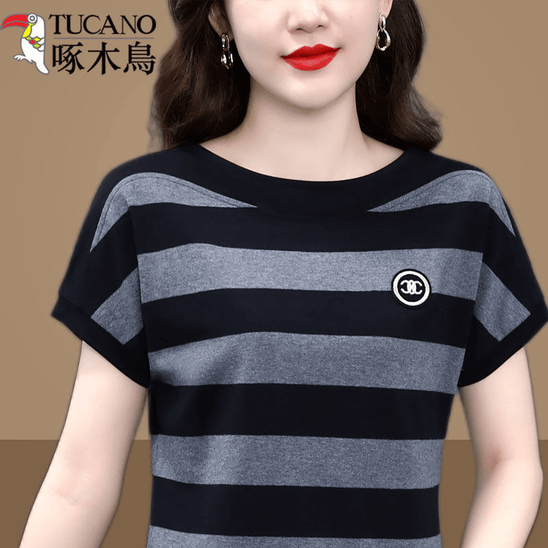 条纹t恤女夏2023新款洋气妈妈夏装棉短袖大码显瘦上衣T桖