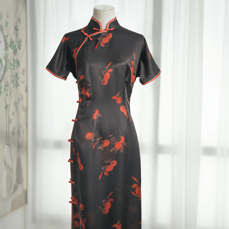 【好柿连连】桑蚕丝香云纱连肩短袖国风中式气质优雅修身旗袍