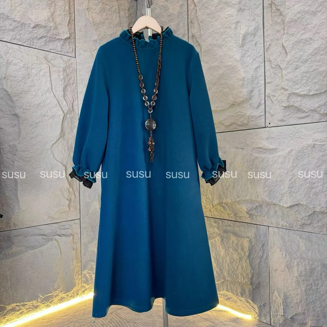 300/高级孔雀蓝减龄时髦洋气连衣裙时尚百搭轻奢女士气质款