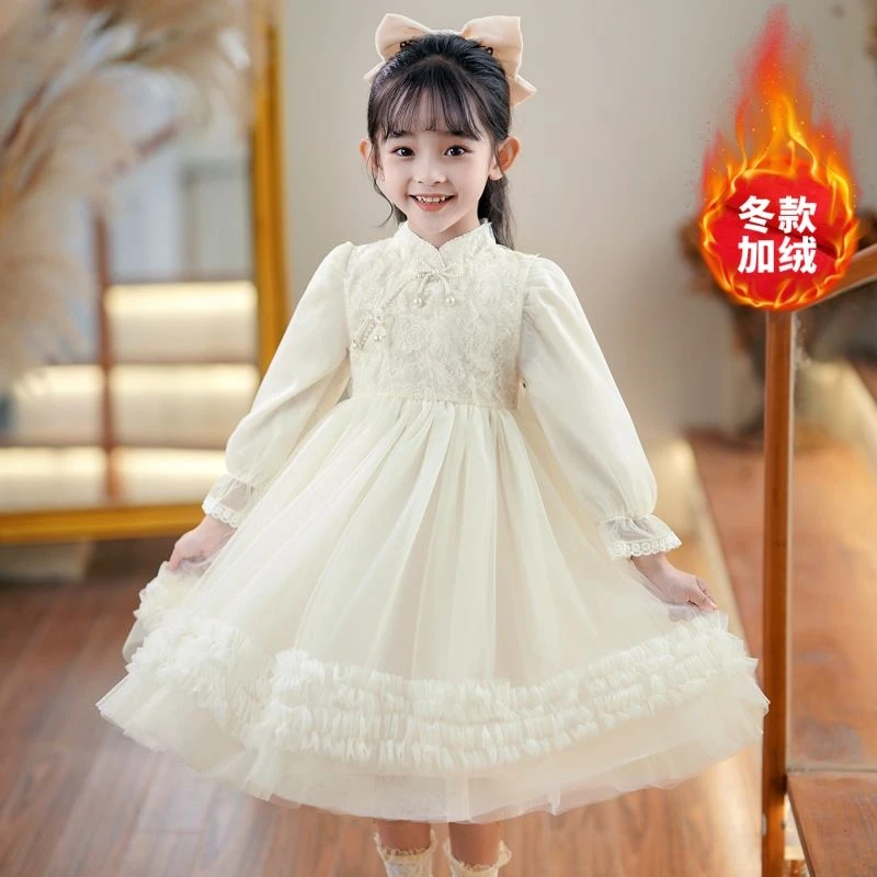 女童连衣裙秋冬中国风儿童加绒生日礼服公主裙女孩蓬蓬纱tutu裙子
