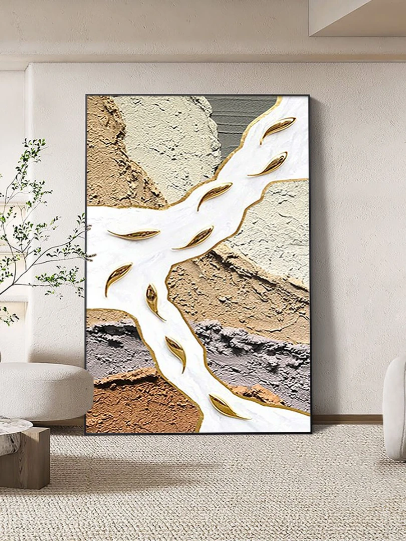 手绘装饰画玄关九鱼图挂画厚肌理砂岩浮雕画卧室客厅现代简约壁画