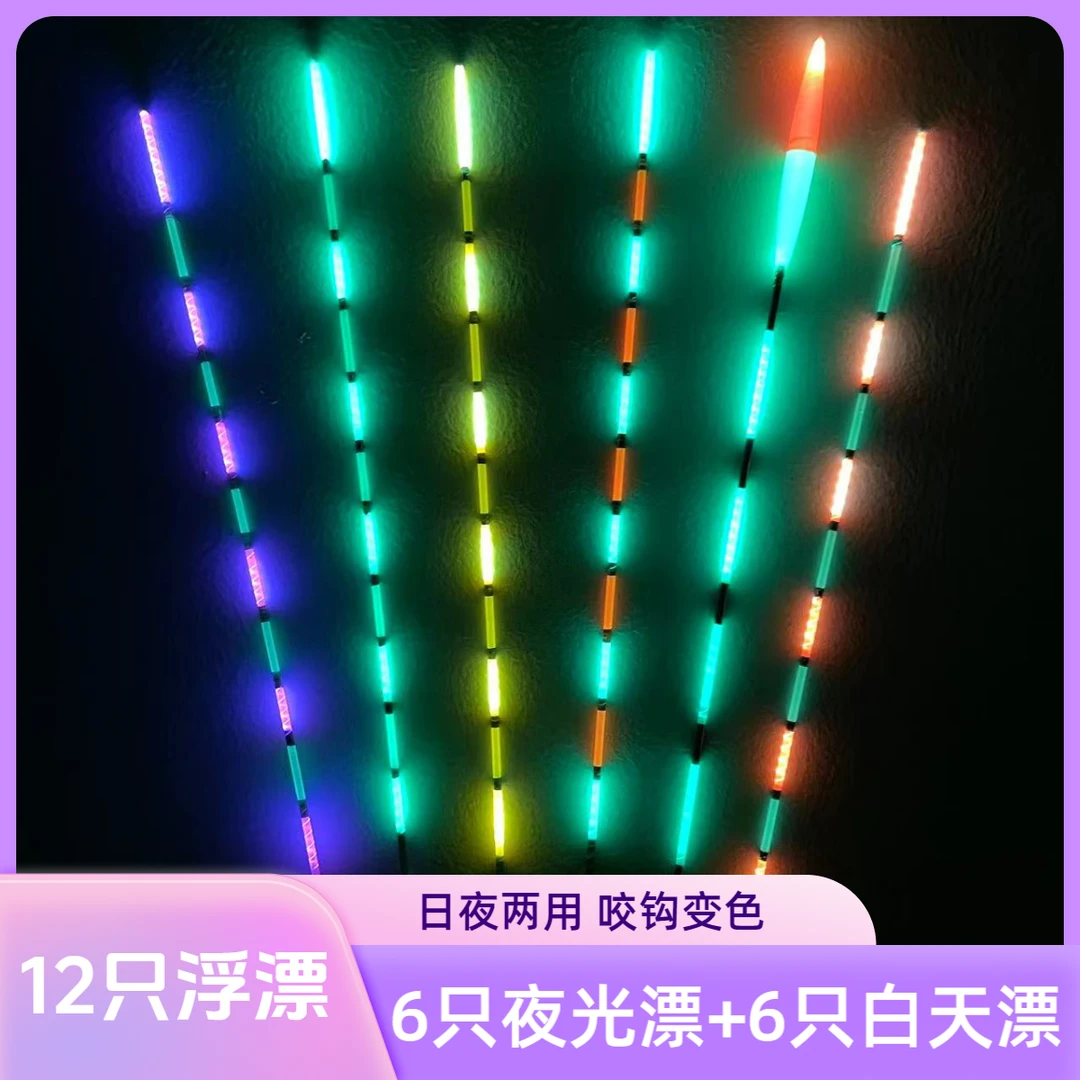 夜神月6支变色夜光漂+6支白天漂+6个电池+漂盒浮漂套装