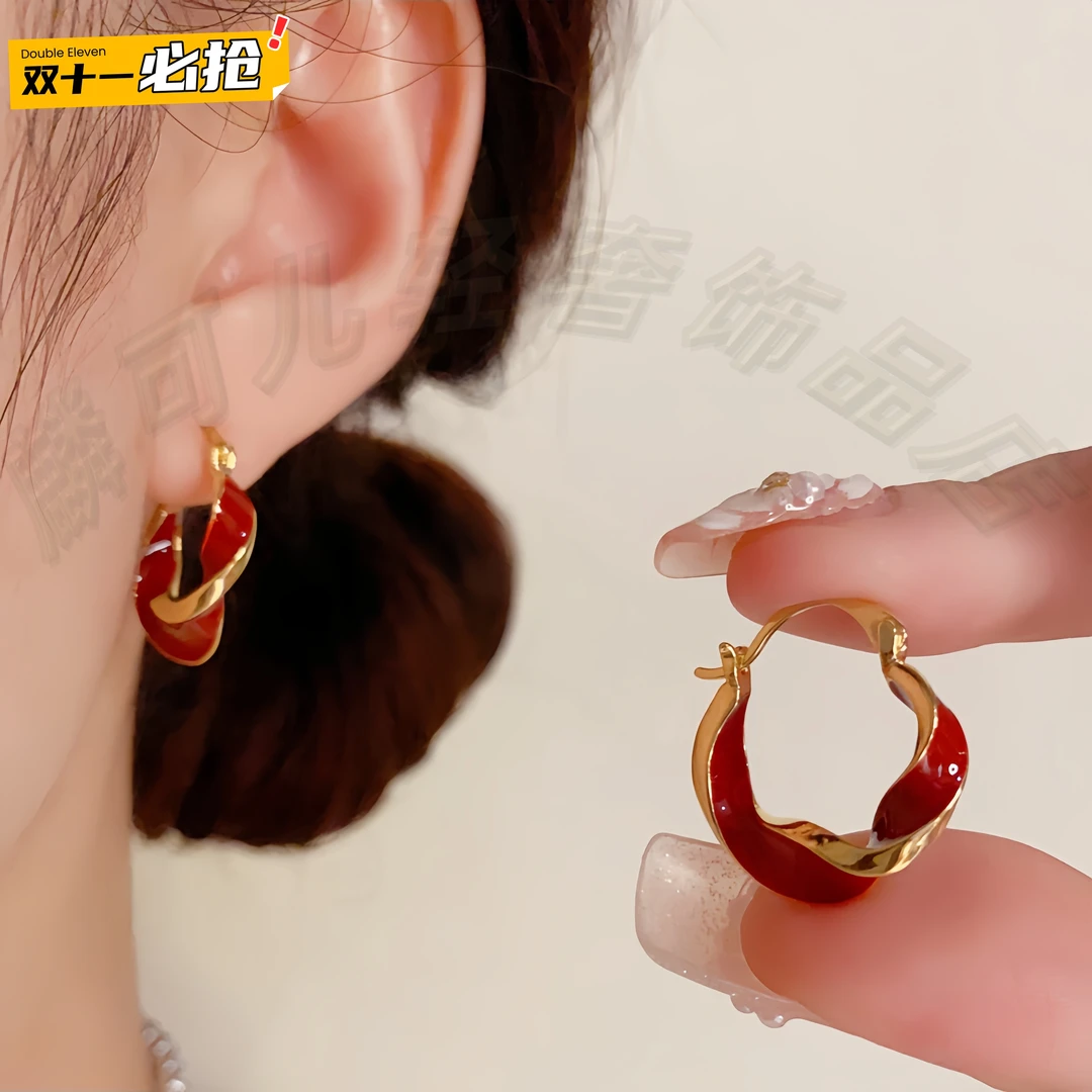 铜合金耳饰 安可拉红色滴油扭曲耳扣网红个性气质百搭设计感耳环