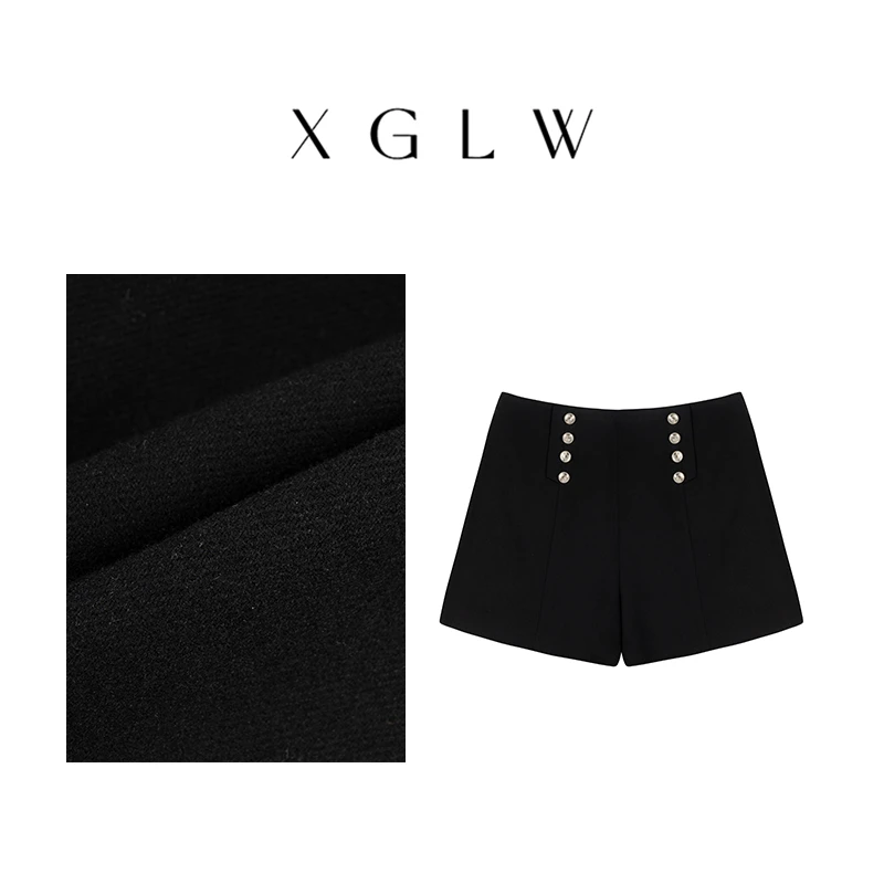 【高丽娃推荐】极简挂~胖MM大码显瘦高腰黑色纽扣毛呢短裤P4N0006