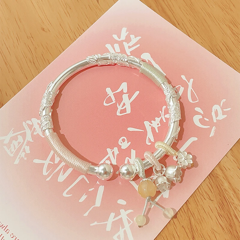 足银手镯 足银999银手镯铃兰花繁花年轻款可调节银镯子送女友礼物