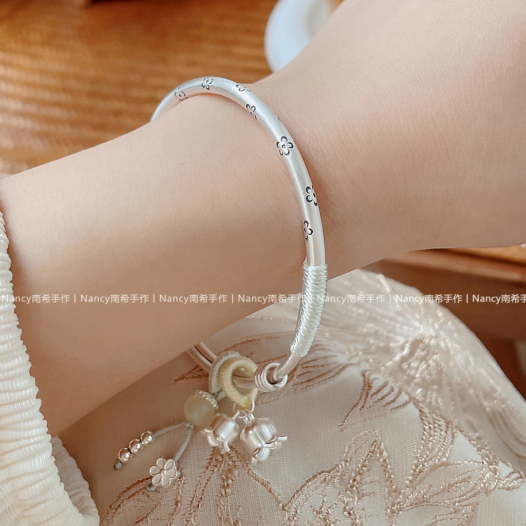 足银手镯 纯银999手镯正品樱花铃兰花手镯高级感送女友情人节礼物